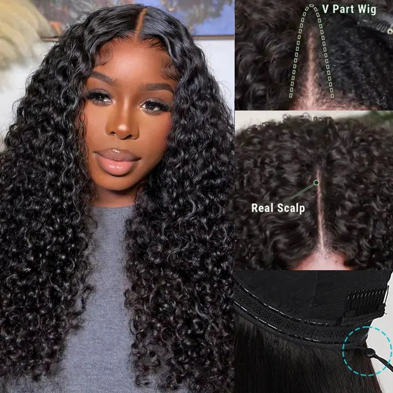 Pull Go Wig | 10A Glueless V Part Wig Beginner Friendly Natural Scalp Thick Curl Human Hair Upgrade U part Wig