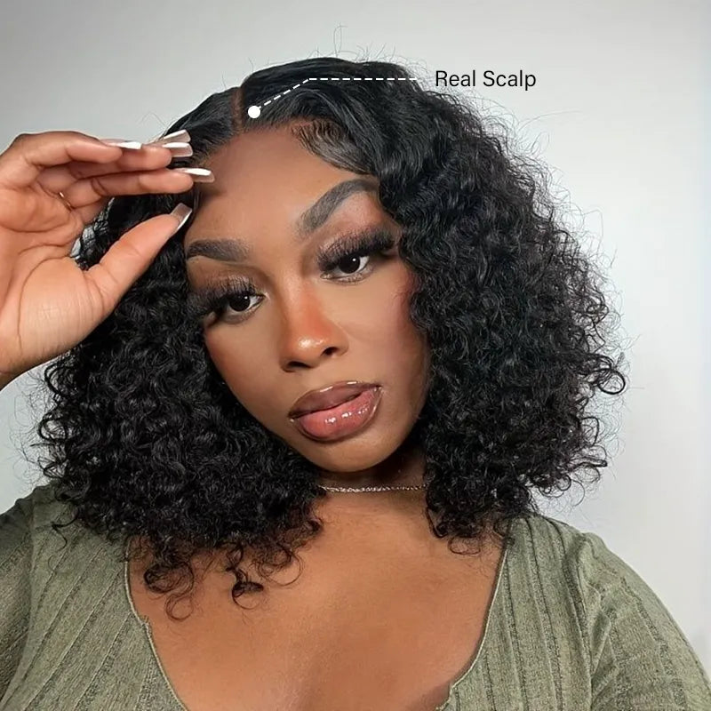 Pull Go Wig | Deep Wave Curly Glueless Bob V Part Wig Beginner Friendly Natural Scalp Thick Human Short Hair Ashimaryhair