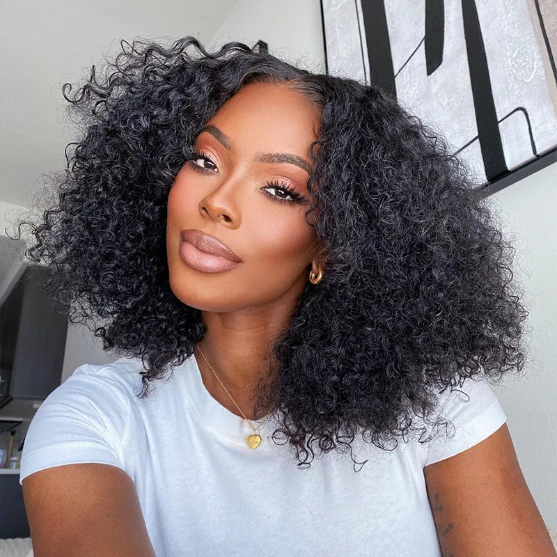 Pull Go Wig | Deep Wave Curly Glueless Bob V Part Wig Beginner Friendly Natural Scalp Thick Human Short Hair Ashimaryhair