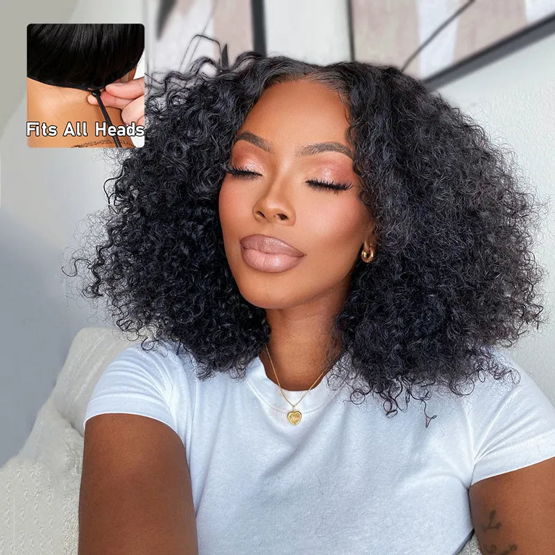 Pull Go Wig | Deep Wave Curly Glueless Bob V Part Wig Beginner Friendly Natural Scalp Thick Human Short Hair Ashimaryhair