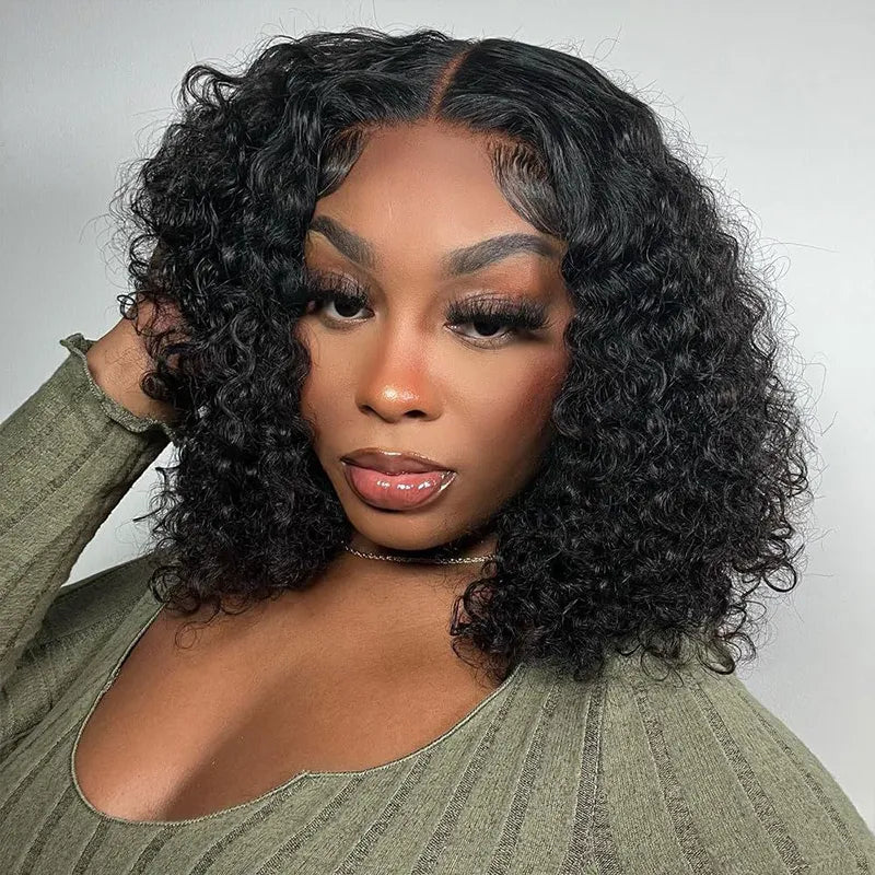Pull Go Wig | Deep Wave Curly Glueless Bob V Part Wig Beginner Friendly Natural Scalp Thick Human Short Hair Ashimaryhair