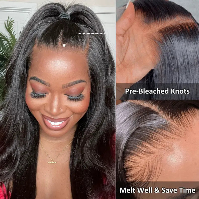Light Yaki Straight Invisi Strap Snug Fit 360 Transparent Lace Frontal Bleached Knots Pre Cut Lace Wig Natural Color