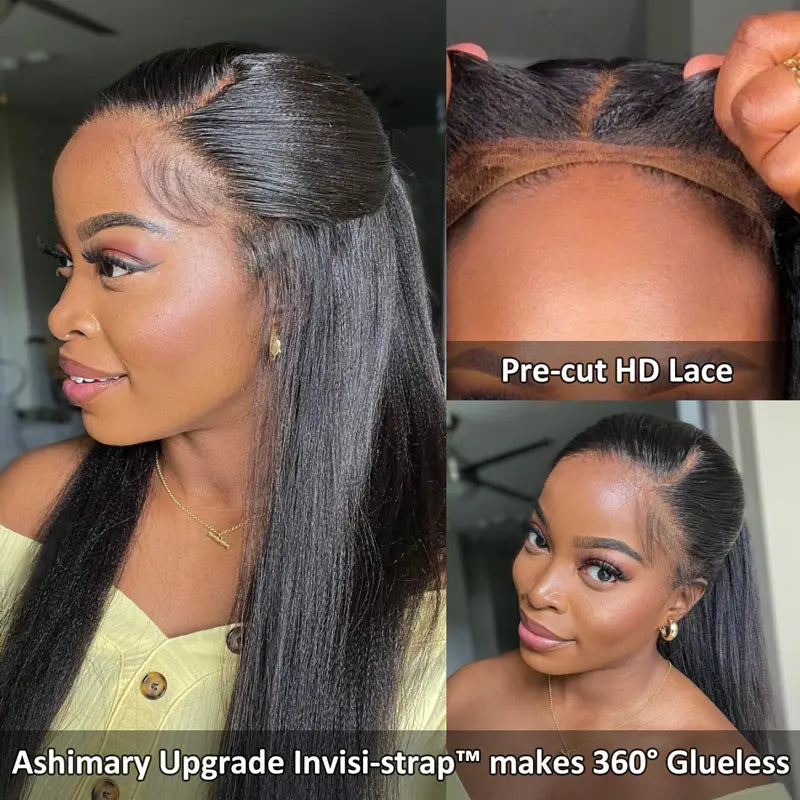 Light Yaki Straight Invisi Strap Snug Fit 360 Transparent Lace Frontal Bleached Knots Pre Cut Lace Wig Natural Color