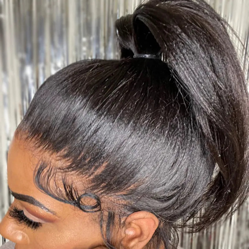 Light Yaki Straight Invisi Strap Snug Fit 360 Transparent Lace Frontal Bleached Knots Pre Cut Lace Wig Natural Color