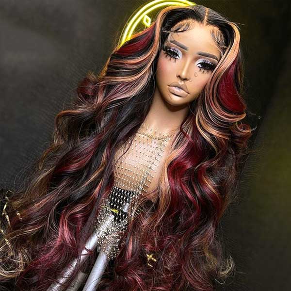 Ashimary burgundy hair with blonde highlights 13x4 HD Transparent lace wigs online for sale