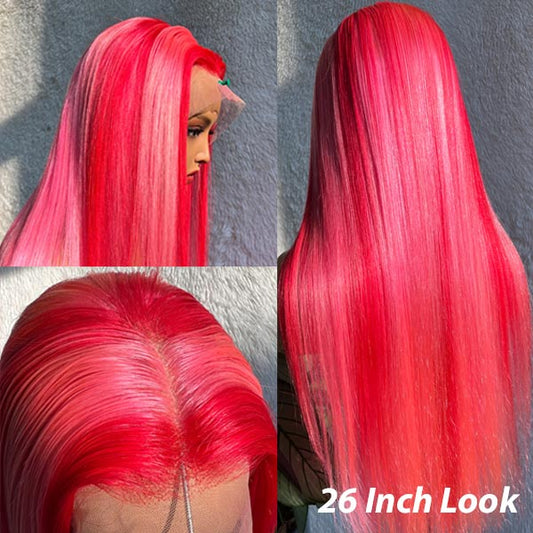 Pink Highlight Straight Hair Pull Go 13x4 Transparent Lace Frontal Wigs Human Hair