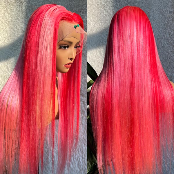 Pink Highlight Straight Hair Pull Go 13x4 Transparent Lace Frontal Wigs Human Hair