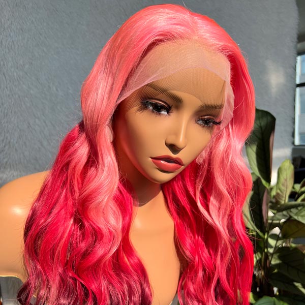 Pink Ombre Three Colors Body Wave Pull Go 13x4 Transparent Lace Frontal Wigs Human Hair