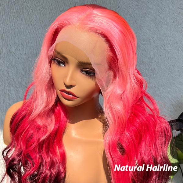 Pink Ombre Three Colors Body Wave Pull Go 13x4 Transparent Lace Frontal Wigs Human Hair