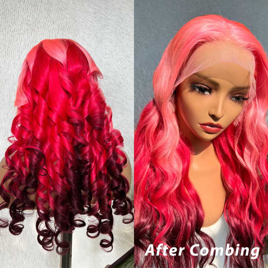 Pink Ombre Three Colors Body Wave Pull Go 13x4 Transparent Lace Frontal Wigs Human Hair