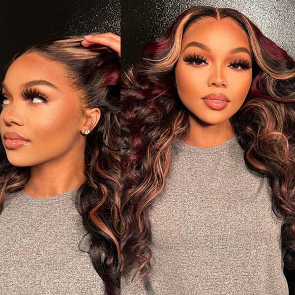 Ashimary burgundy hair with blonde highlights 13x4 HD Transparent lace wigs online for sale
