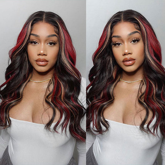Ashimary burgundy hair with blonde highlights 13x4 HD Transparent lace wigs online for sale