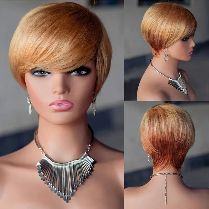 Pixie Cut Short Hair Blonde Ombre Human Hair With Bangs Straight Layered Wigs No Lace Wig