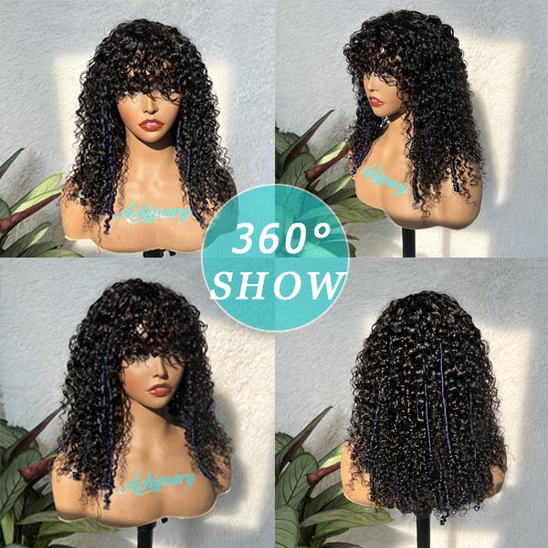 Boho Blue Twist Curly Wig With Bangs Cost-Effective To-Go Wig 100% Human Hair