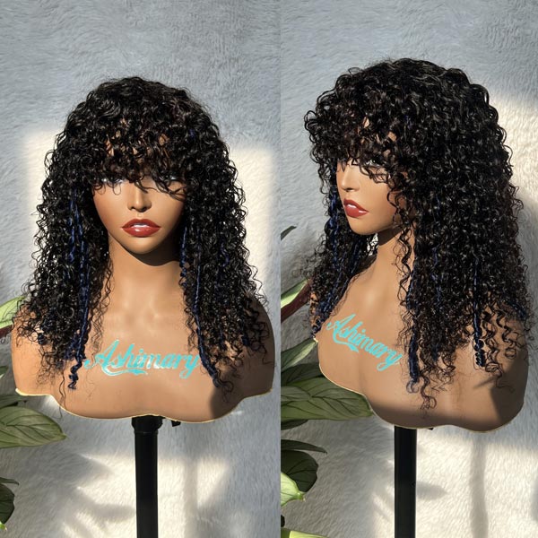 Boho Blue Twist Curly Wig With Bangs Cost-Effective To-Go Wig 100% Human Hair