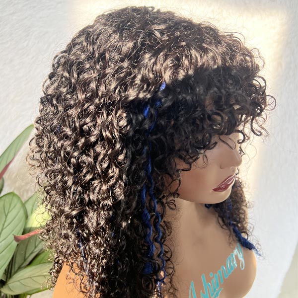 Boho Blue Twist Curly Wig With Bangs Cost-Effective To-Go Wig 100% Human Hair