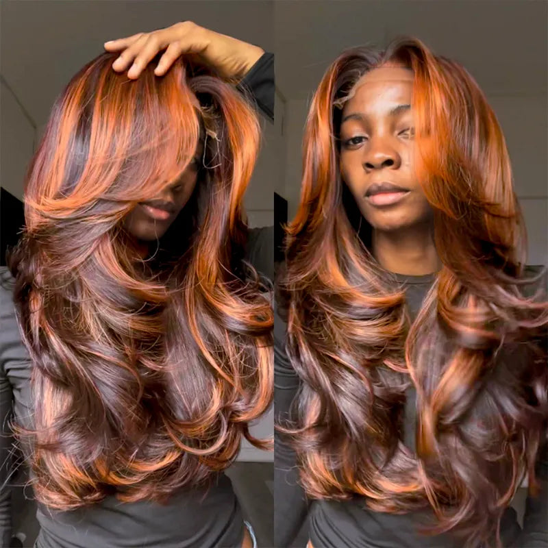 Pull Go 13x4 Lace Wig Brown with Ginger Highlights Body Wave Transparent Lace Frontal Human Hair Wig