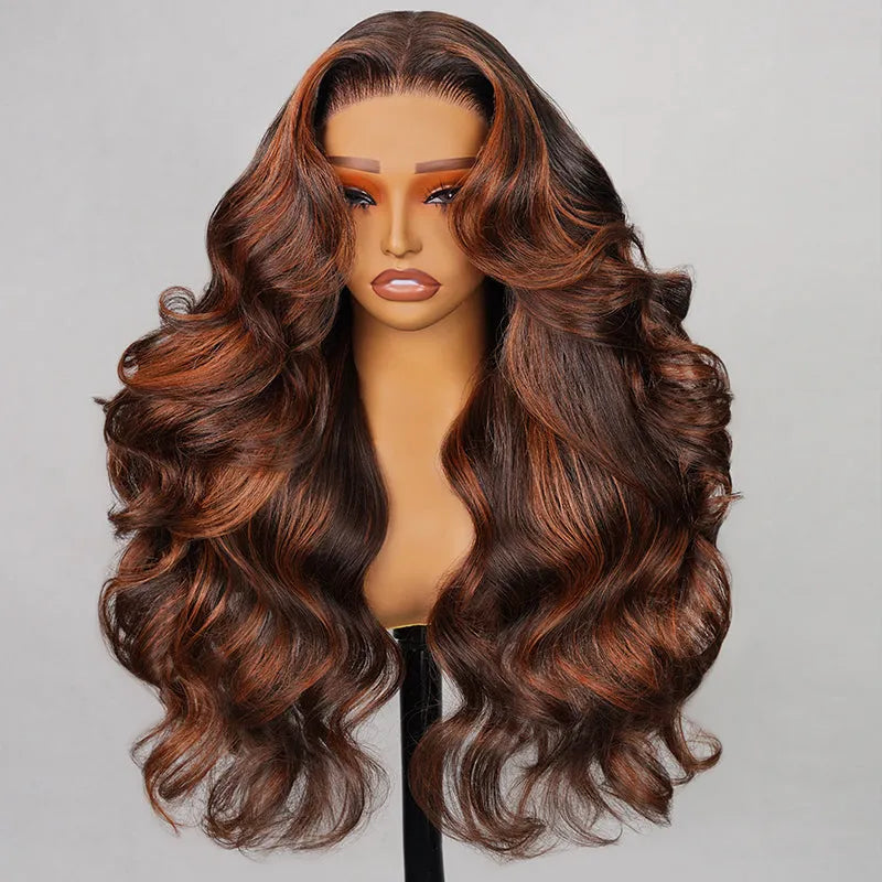 Pull Go 13x4 Lace Wig Brown with Ginger Highlights Body Wave Transparent Lace Frontal Human Hair Wig