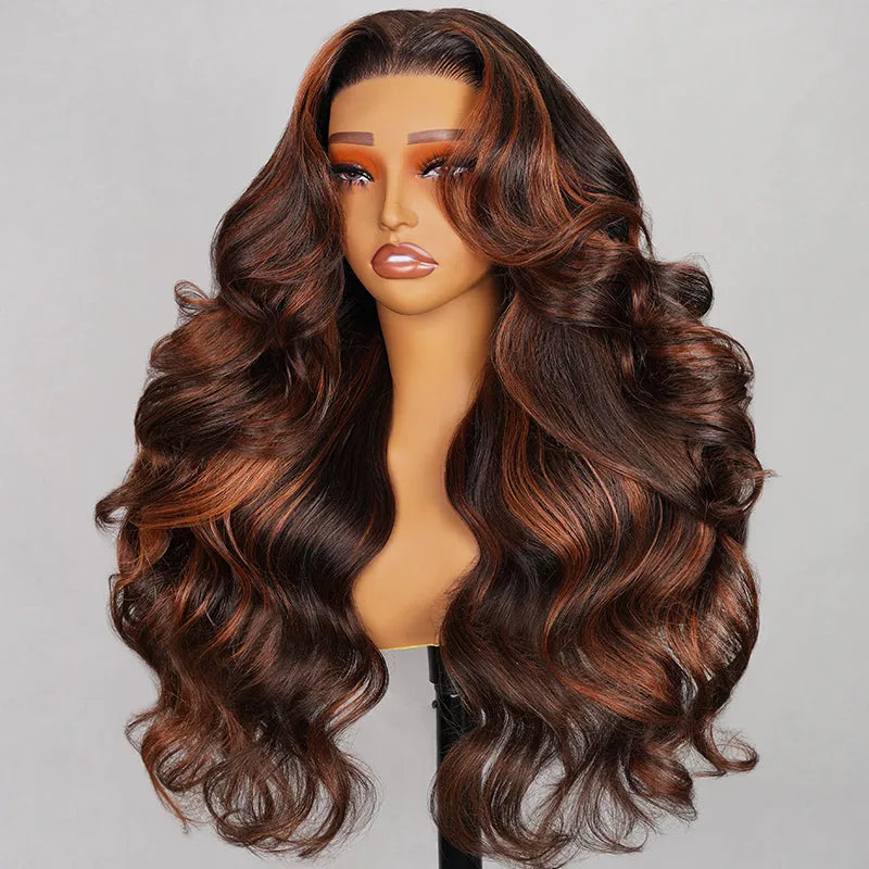 Pull Go 13x4 Lace Wig Brown with Ginger Highlights Body Wave Transparent Lace Frontal Human Hair Wig