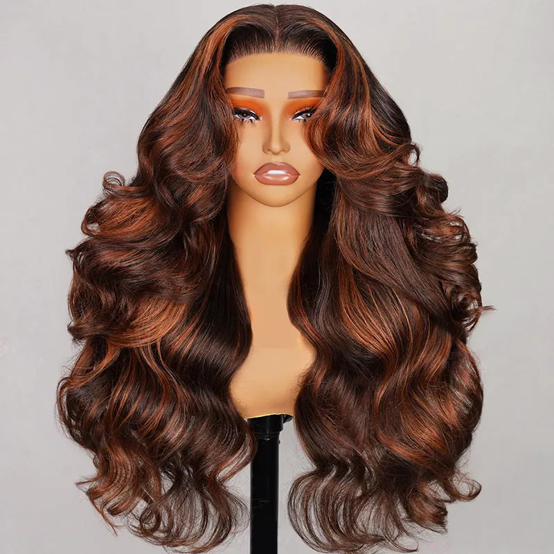 Pull Go 13x4 Lace Wig Brown with Ginger Highlights Body Wave Transparent Lace Frontal Human Hair Wig