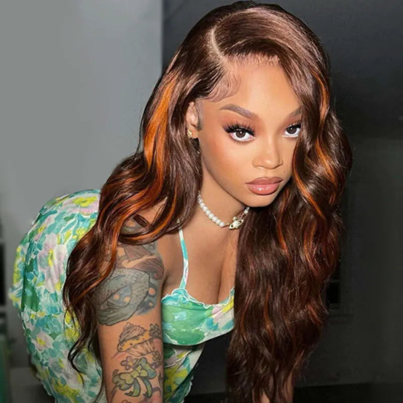Pull Go 13x4 Lace Wig Brown with Ginger Highlights Body Wave Transparent Lace Frontal Human Hair Wig