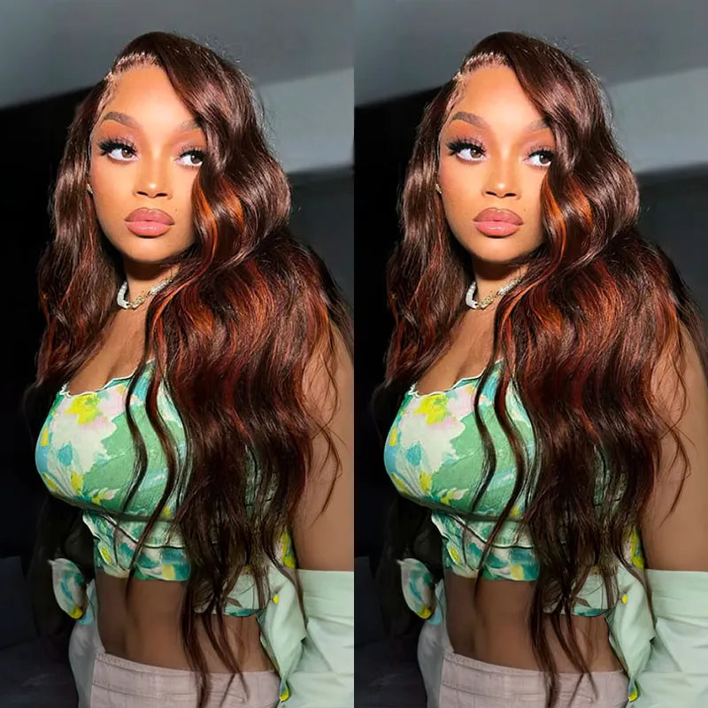 Pull Go 13x4 Lace Wig Brown with Ginger Highlights Body Wave Transparent Lace Frontal Human Hair Wig
