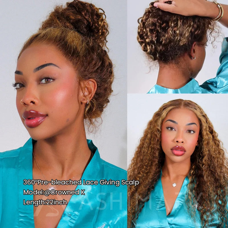 Water Wave Highlight Ombre Color Invisi Strap Snug Fit 360 Skin Lace Frontal Wig Glueless Human Hair