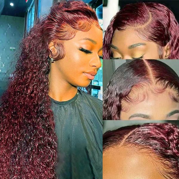 Dark 99J Burgundy Jerry Curly 4x4 5x5 6x6 Glueless Lace Closure Wig 100% Human Hair