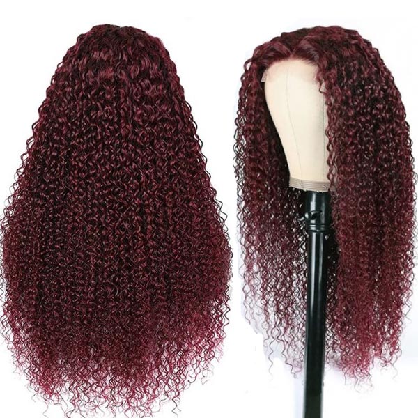Dark 99J Burgundy Jerry Curly 4x4 5x5 6x6 Glueless Lace Closure Wig 100% Human Hair