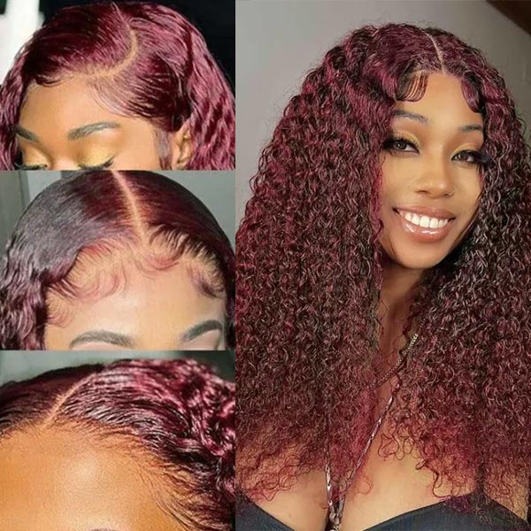Dark Burgundy 99J Jerry Curly 13*4 & 13*6 Frontal Glueless Lace Wig 100% Human Hair