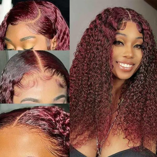 Dark Burgundy 99J Jerry Curly 13*4 & 13*6 Frontal Glueless Lace Wig 100% Human Hair
