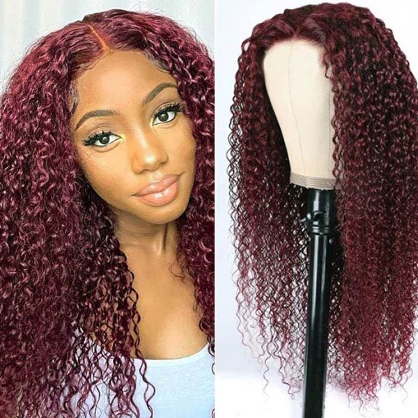 Dark Burgundy 99J Jerry Curly 13*4 & 13*6 Frontal Glueless Lace Wig 100% Human Hair
