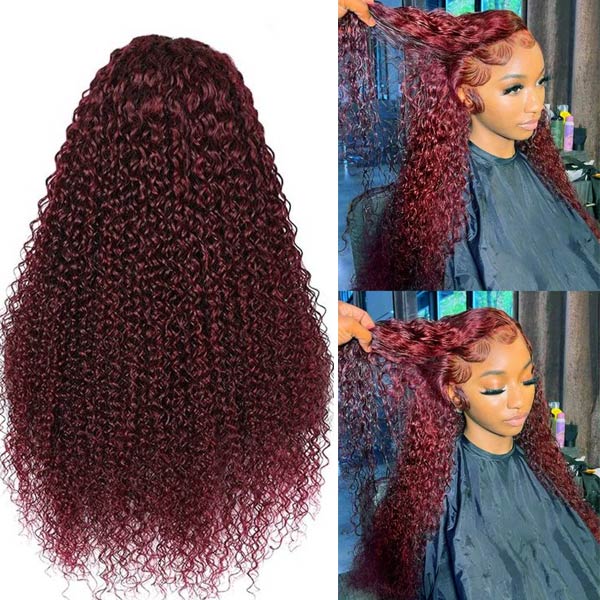 Dark Burgundy 99J Jerry Curly 13*4 & 13*6 Frontal Glueless Lace Wig 100% Human Hair