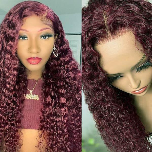 Dark Burgundy 99J Jerry Curly 13*4 & 13*6 Frontal Glueless Lace Wig 100% Human Hair