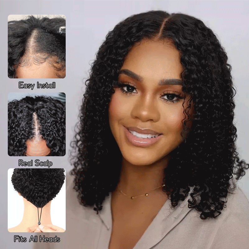 Pull Go Wig | Deep Wave Curly Glueless Bob V Part Wig Beginner Friendly Natural Scalp Thick Human Short Hair Ashimaryhair