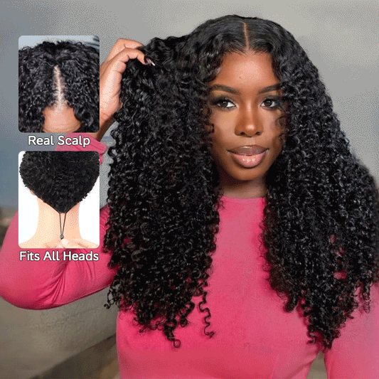 Pull Go Wig | 10A Glueless V Part Wig Beginner Friendly Natural Scalp Thick Curl Human Hair Upgrade U part Wig