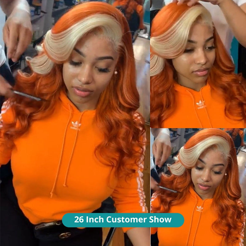 Ginger With Blonde Skunk Stripe Lace Front Wigs Body Wave Human Hair Wigs