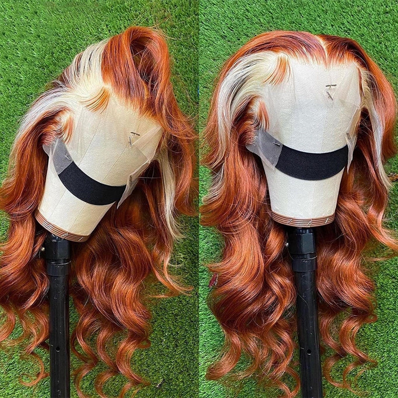 Ginger With Blonde Skunk Stripe Lace Front Wigs Body Wave Human Hair Wigs