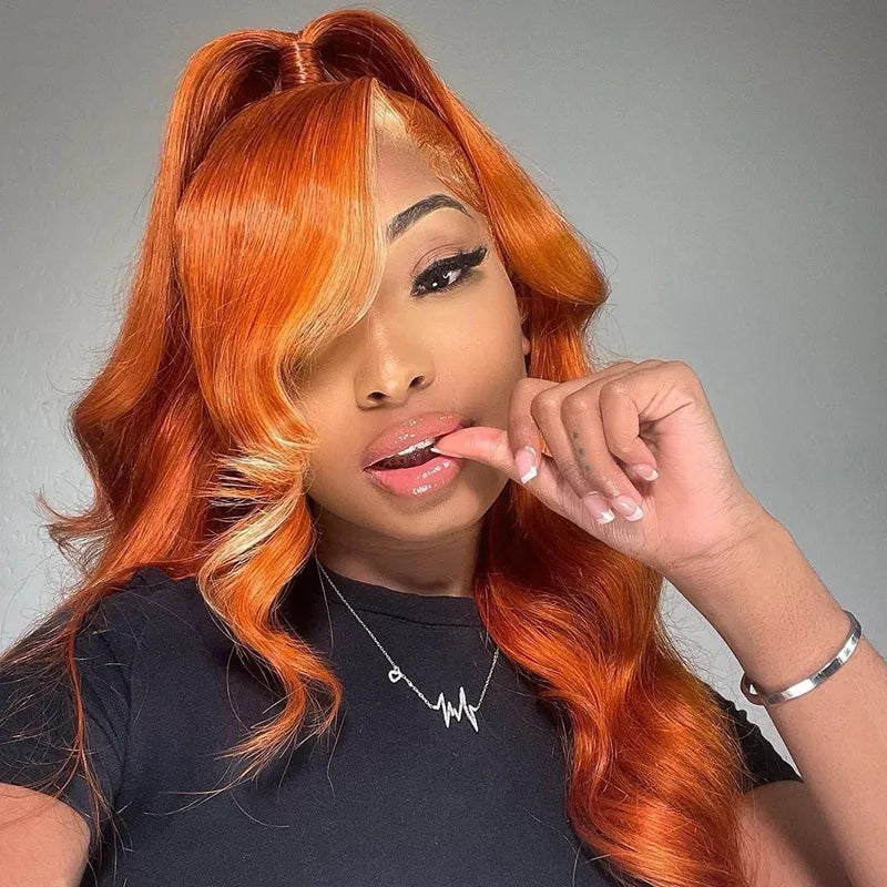 Ginger With Blonde Skunk Stripe Lace Front Wigs Body Wave Human Hair Wigs