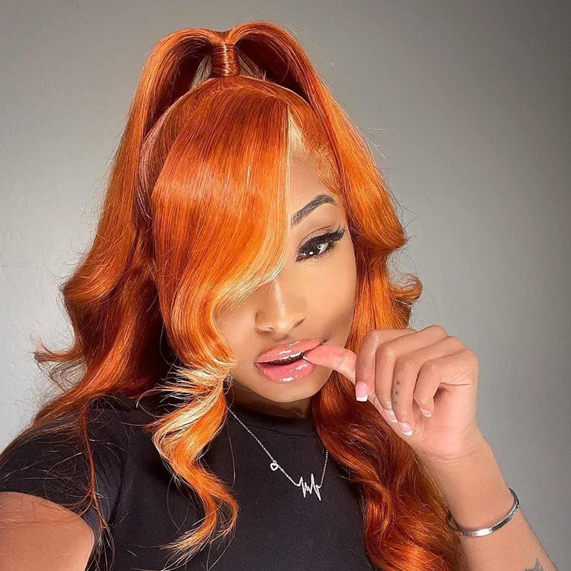 Ginger With Blonde Skunk Stripe Lace Front Wigs Body Wave Human Hair Wigs