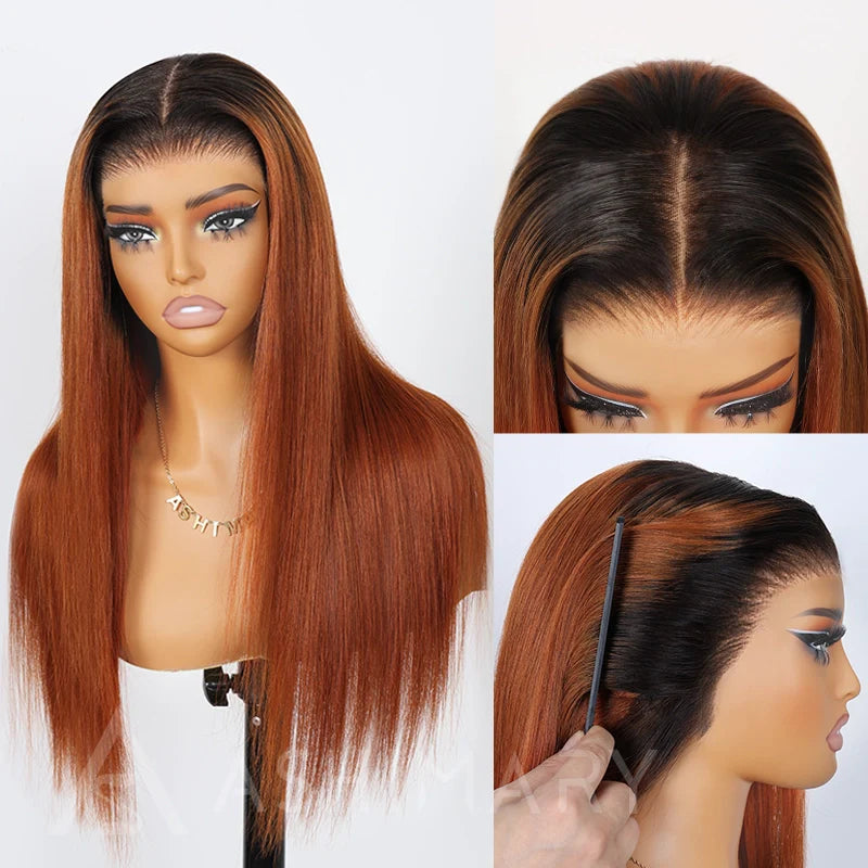 Pull Go 13x4 Lace Wig Ginger Ombre Silky Blunt Cut Glueless Bob Wig