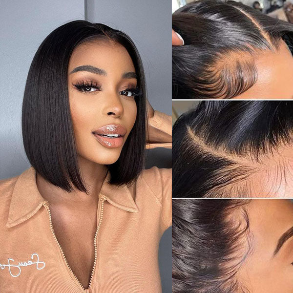 Double Drawn High Density Bone Straight Pull Go 13x4 Lace Bob Wig Lace Frontal Natural Black Glueless Wig