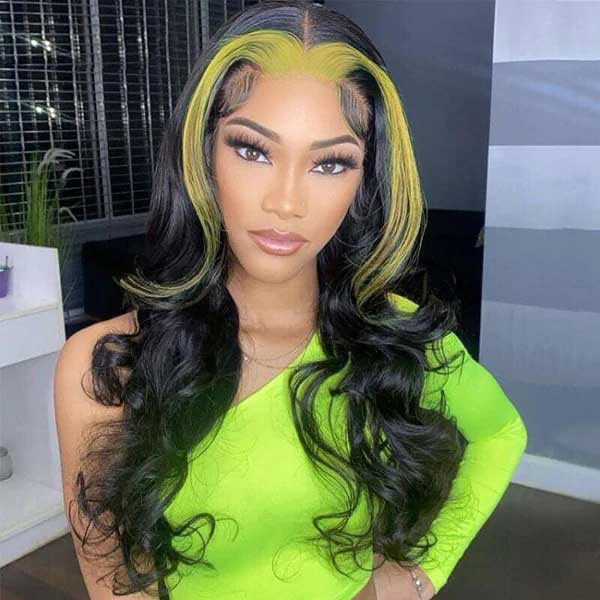 Green Color Highlight Lace Wigs Skunk Stripe Hair 4*4 13*4 Lace Front Wig 180% Straight Brazilian Human Hair