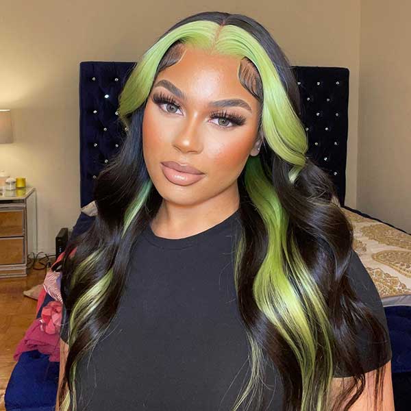 Green Color Highlight Lace Wigs Skunk Stripe Hair 4*4 13*4 Lace Front Wig 180% Straight Brazilian Human Hair
