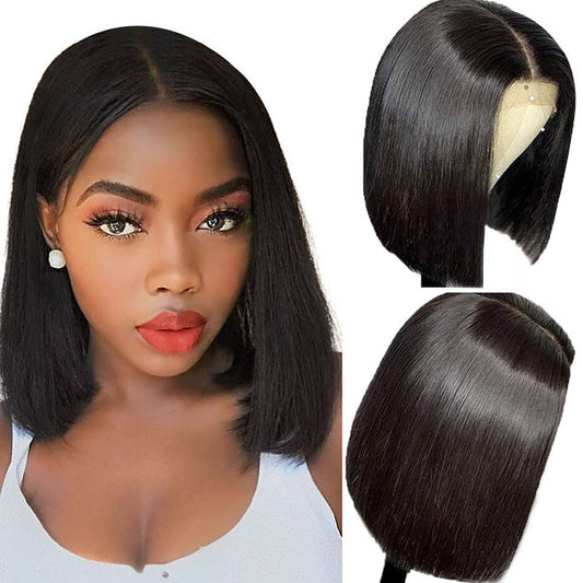 Glueless Double Drawn Blunt Cut Bob Transparent Lace Wig 10A Double Drawn High Density Human Hair