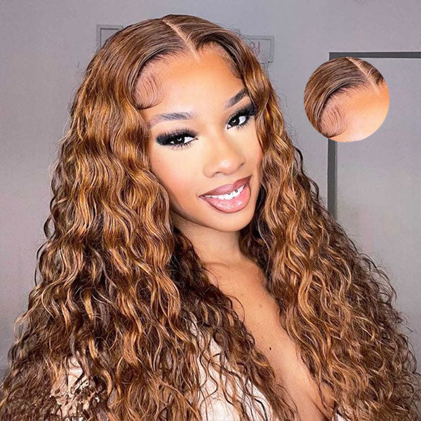 Boho-Chic Ready to Wear Breathable Highlight Water Wave 100% Glueless Wig Human Hair with Pre Cut Lace & Plucked Hairline & Bleached Knots