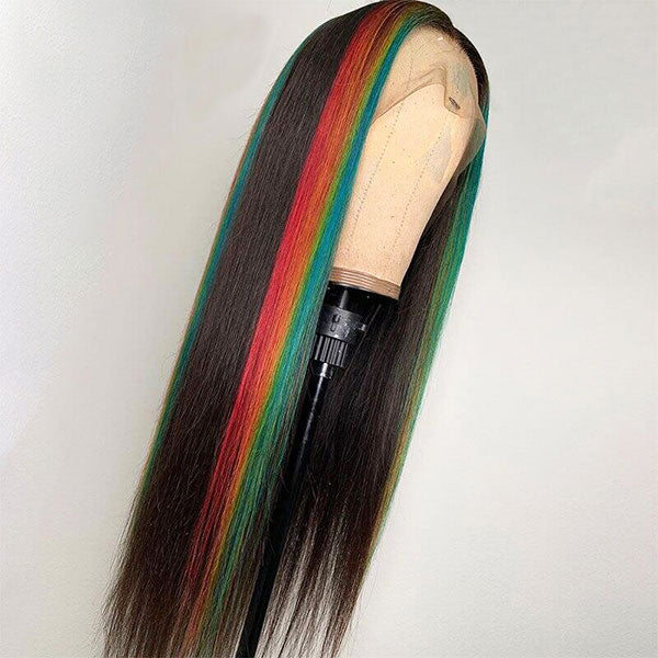 Highlight Skunk Stripe Rainbow 4x4 13x4 Lace Wigs Pre Plucked With Baby Hair