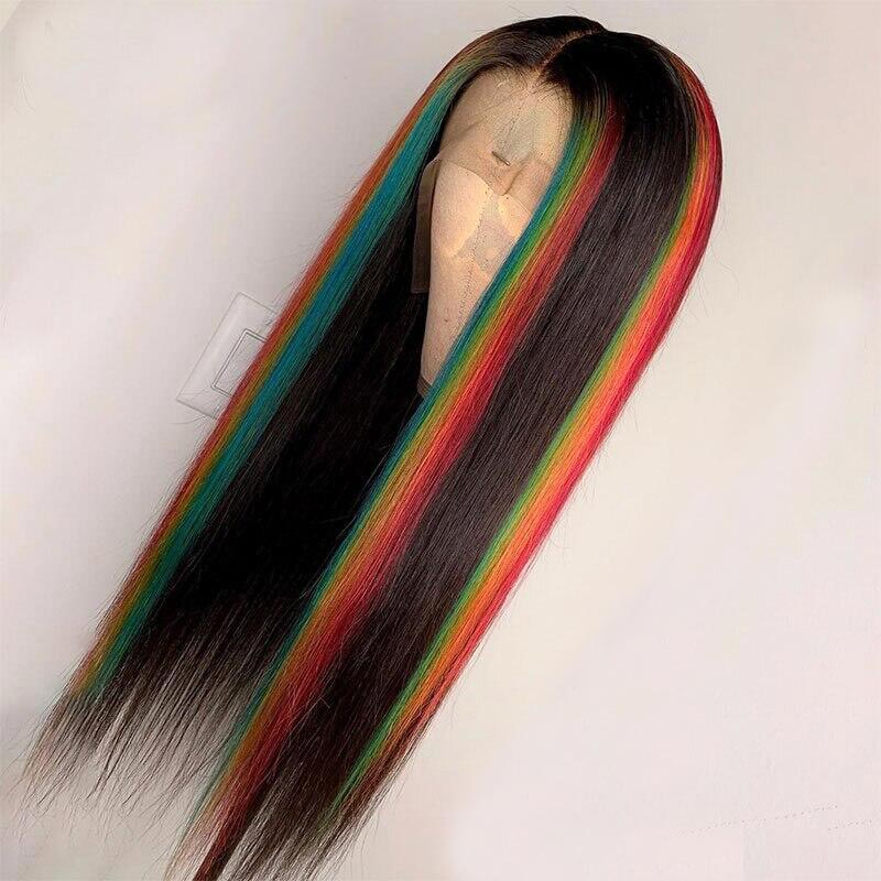 Highlight Skunk Stripe Rainbow 4x4 13x4 Lace Wigs Pre Plucked With Baby Hair