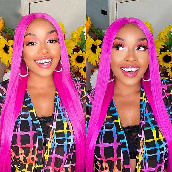 Hot Pink Color HD Transparent 5x5/4x4 Lace Closure Wig Straight hair