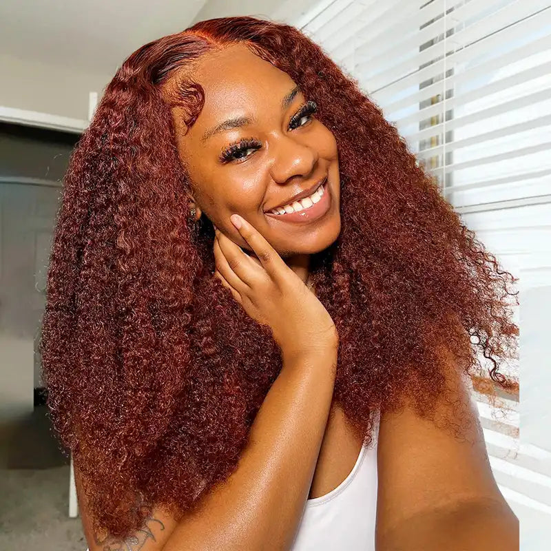 Reddish Brown Kinky Curly HD Transparent Lace Wigs